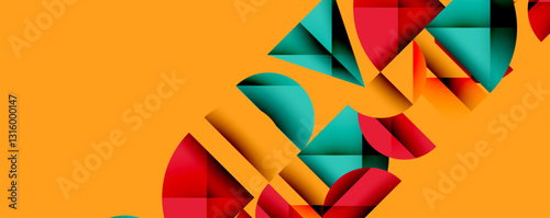 Abstract geometric background with layered gradient shapes forming dynamic patterns. Overlapping semi circles and triangles create depth and contrast