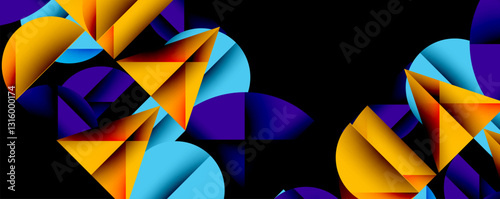 Abstract geometric pattern with intersecting circles and triangles in gradients. The high-contrast composition creates depth and a dynamic, modern aesthetic
