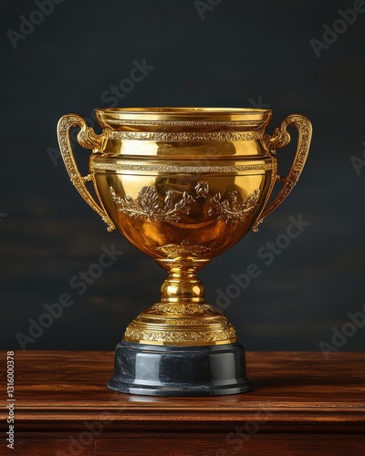 A gleaming gold trophy stands proudly on a polished wooden table, its intricate design catching the light. The dark background enhances its brilliance, creating a striking contrast. photo