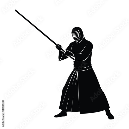 Kendo practitioner holding sword silhouette manual drawn clean vector skill