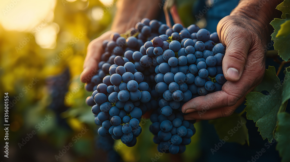 Fototapeta premium Farmer holding ripe blue grapes in a sunlit vineyard