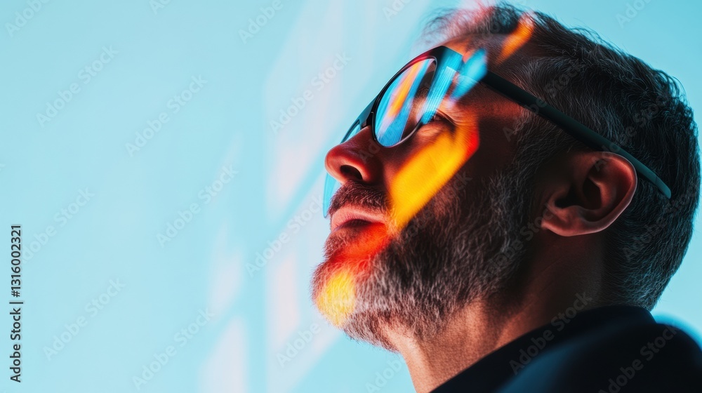 Fototapeta premium Immersive XR Experience Futuristic Tech Portrait of Mid-Career Professional Exploring Augmented Reality Innovations in Dynamic Chromatic Lighting