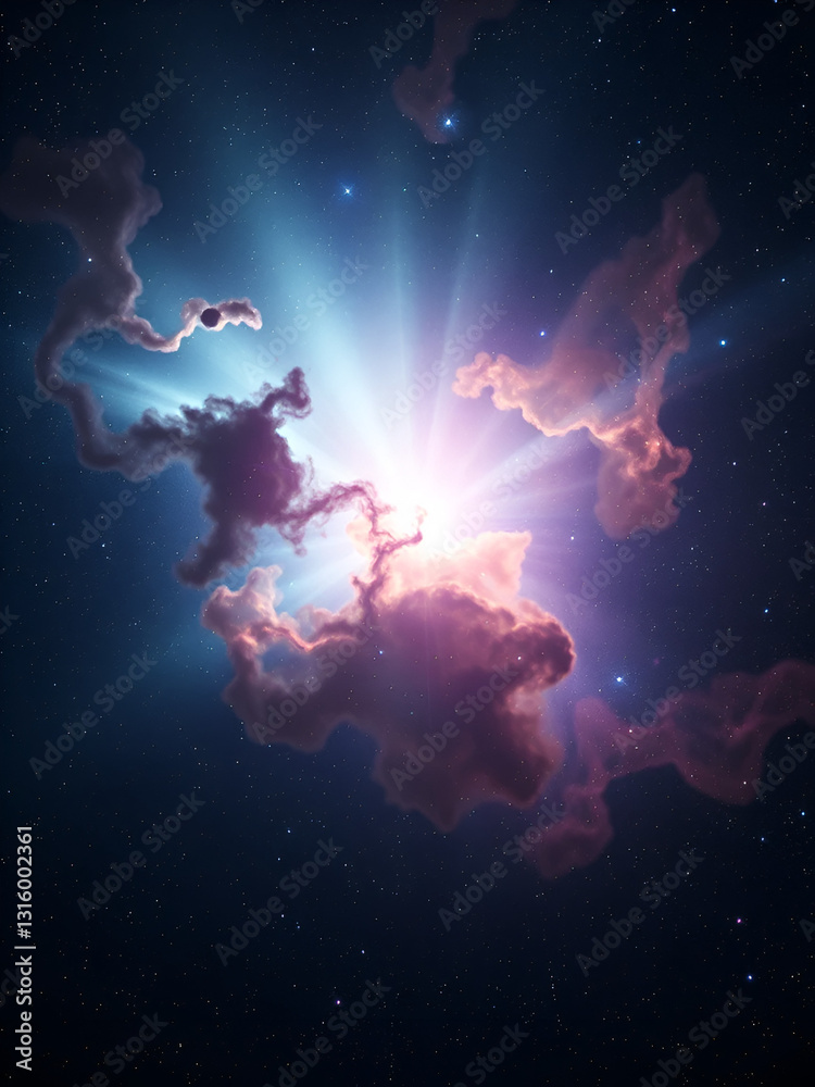 Realistic nebula surrounded by stars and cosmic dust in a deep space background Realistic nebula surrounded by stars and cosmic dust in a deep space background