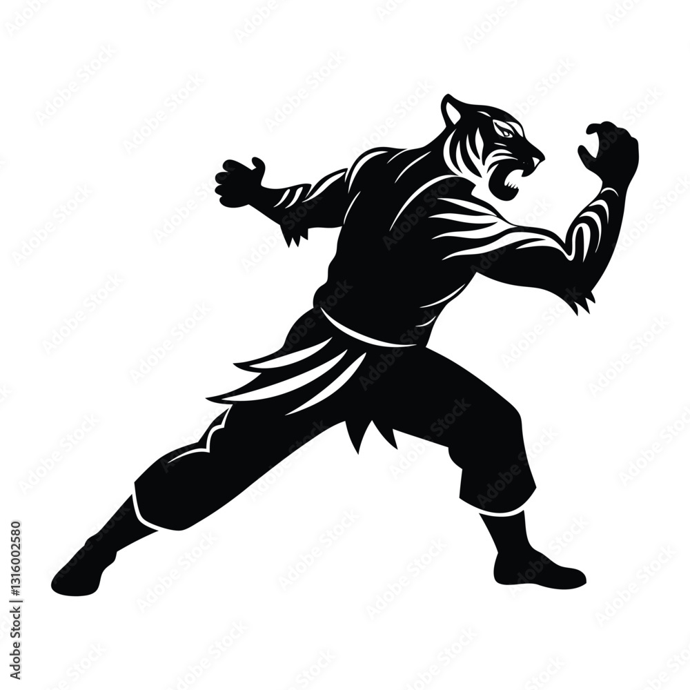 Fototapeta premium Kung fu practitioner striking pose silhouette manual drawn clean vector
