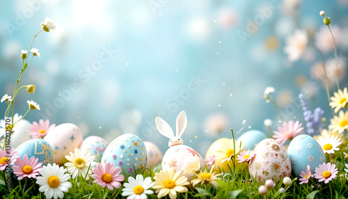 Happy Easter. Congratulatory easter background. Easter eggs and flowers. Background with copy space. Selective focus