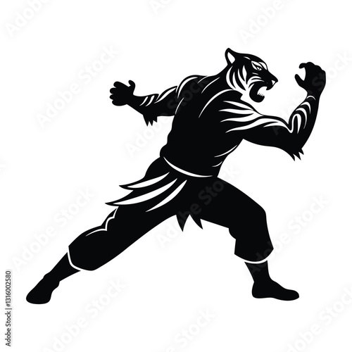 Kung fu practitioner striking pose silhouette manual drawn clean vector