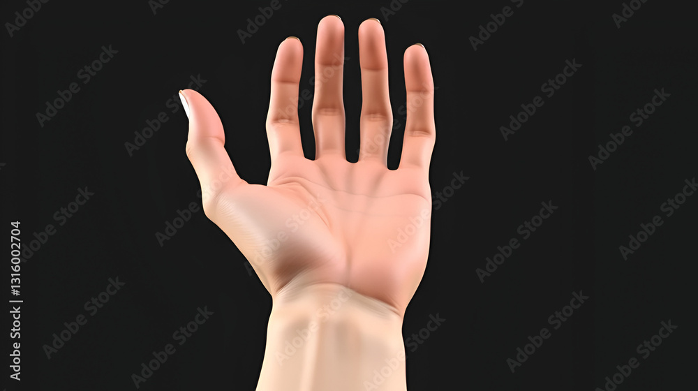 Fototapeta premium Female palm and wrist, anterior view. Close up, detailed anatomy, full color 3D illustration on black background