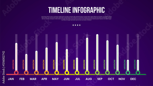 timeline template infographic with full month with vertical bar percentage point with 12 point dark background style for slide presentation