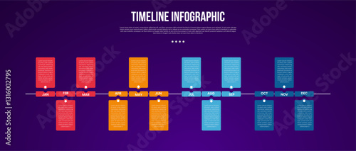 timeline template infographic with quarter section group with 12 point dark background style for slide presentation
