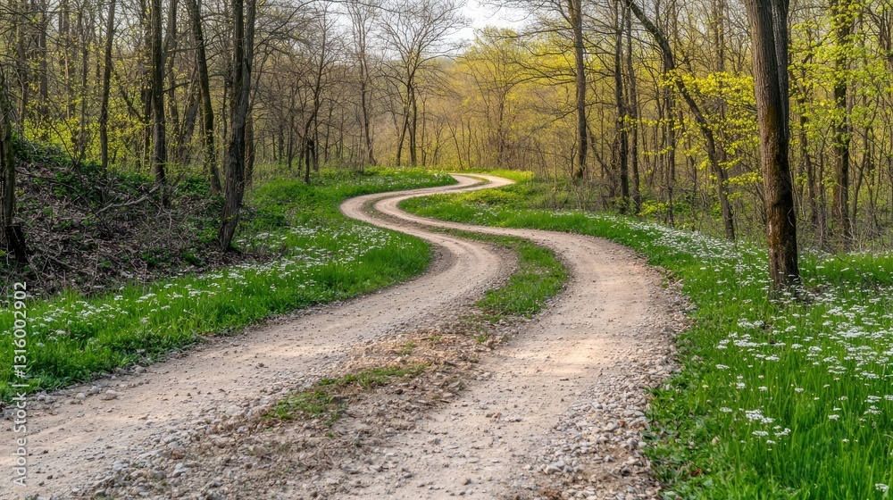 Winding Dirt Road Through Lush Spring Landscape with Blooming Wildflowers and Sunlight Filtering Through Trees in a Peaceful Woodland Winding Dirt Road Through Lush Spring Landscape with Blooming Wildflowers and Sunlight Filtering Through Trees in a Peaceful Woodland