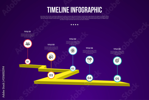 timeline template infographic with 3d roadway with circle point standing with 5 point dark background style for slide presentation