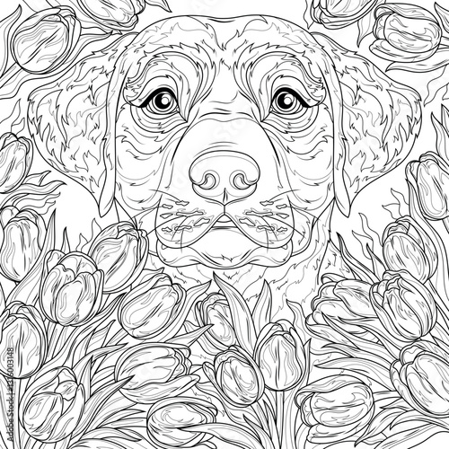 Labrador dog among tulips.Coloring book antistress for children and adults.