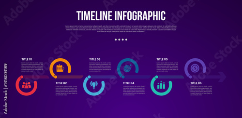 timeline template infographic with outline circle up and down wave on horizontal right direction with 6 point dark background style for slide presentation