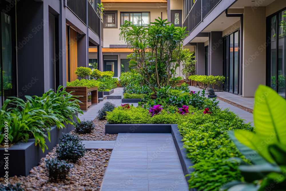 Fototapeta premium Architecture design of garden with tree among building, Selective focus growth tree among building with shady and cozy vibe, Exterior design of garden in big city.