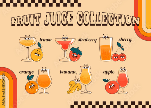 Fruit juice collection. Retro groovy character cocktail and fruits lemon, strawberry, cherry, orange, banana, apple. Vector illustration for bar, pub, cafe, club, restaurant