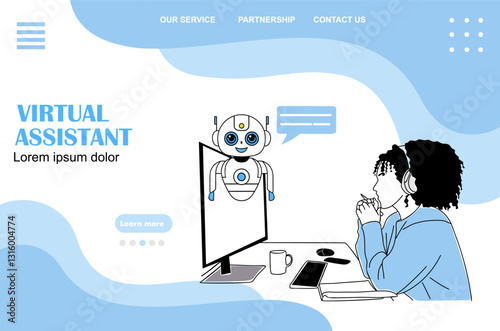 Virtual assistant Chat bot, AI concept landing page. Website template with business woman communication with robotic on computer screen. Outline vector sketch drawing in blue colors.
