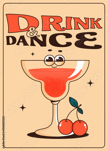 Groovy character cocktail with cherry. Retro poster, flyer with alcoholic or nonalcoholic drink. Vintage vector illustration 70s, 80s style for cafe, bar, lounge
