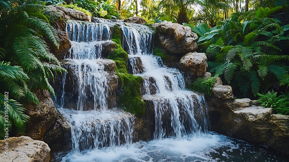 Naklejka premium Serene cascading waterfall in lush tropical garden.