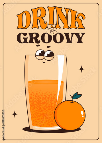 Groovy character cocktail with orange. Retro poster, flyer with alcoholic or nonalcoholic drink. Vintage vector illustration 70s, 80s style for cafe, bar, lounge