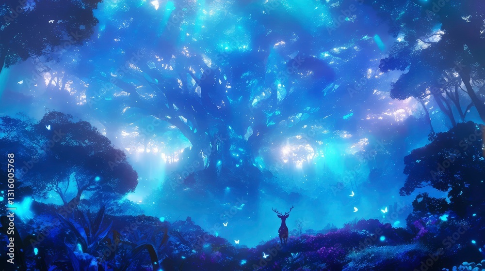 Fototapeta premium Enchanting Moonlight Forest with Deer and Glowing Tree