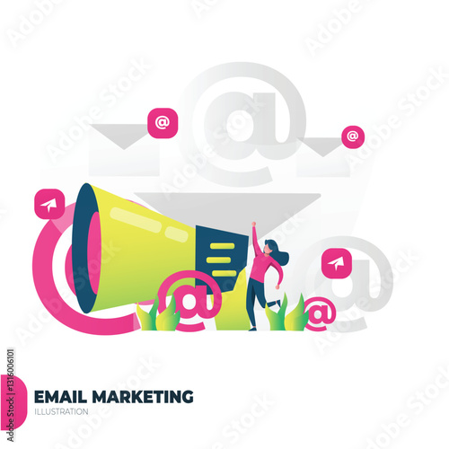 Woman celebrates email campaign success,megaphone, digital background