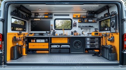 Mobile Repair Van Interior with Tools and High-Tech Equipment for Professional Service