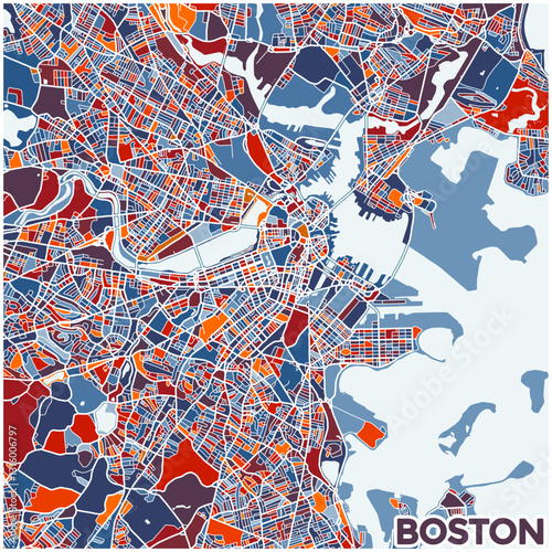 Modern Boston city map graphic with red, blue, and orange blocks. Boston, Maasachusetts, USA Map.