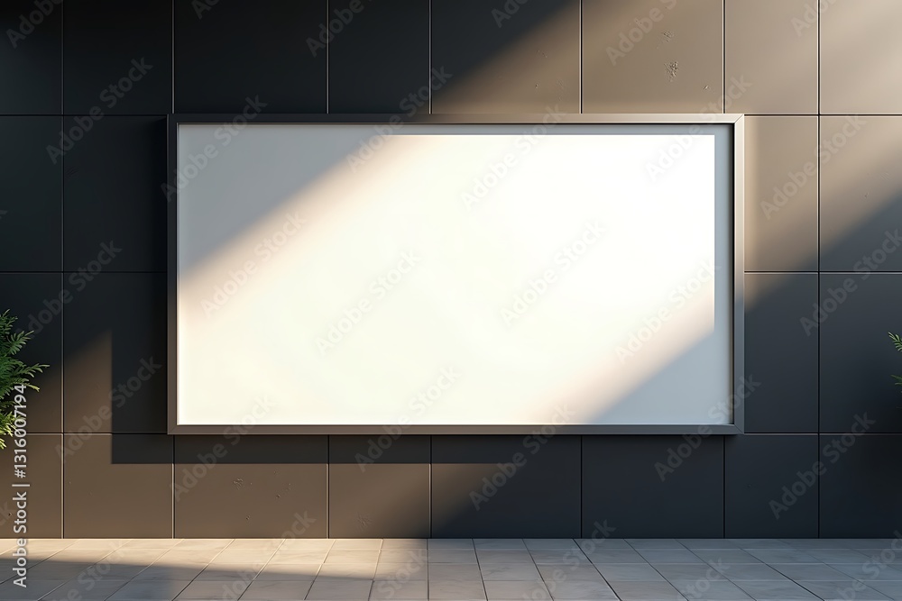 High-resolution white billboard mockup on modern black tiled wall illuminated by warm natural sunlight with subtle shadows and textures
High-resolution white billboard mockup on modern black tiled wall illuminated by warm natural sunlight with subtle shadows and textures