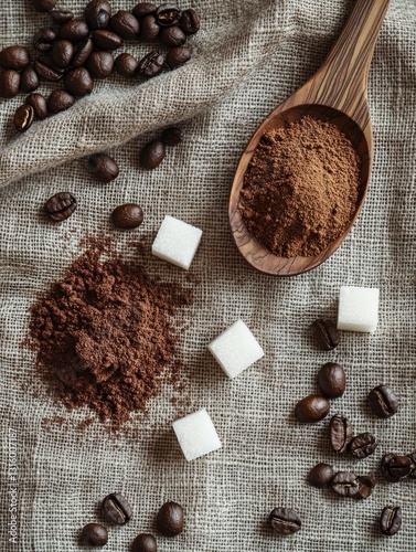 Coffee Beans and Powder with Sugar Cubes on Rustic Fabric Surface