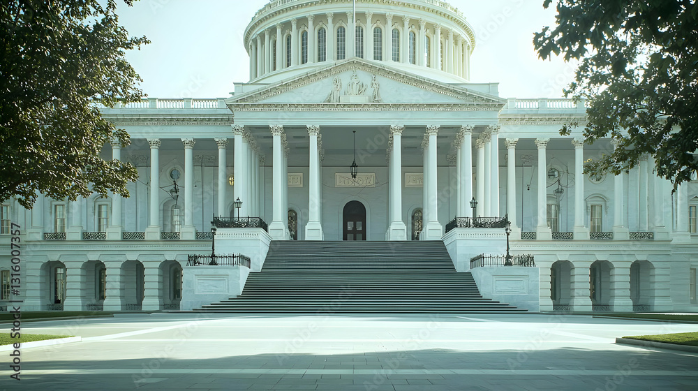 Obraz premium Majestic White Neoclassical Government Building With Columns And Steps In Bright Daylight With Trees