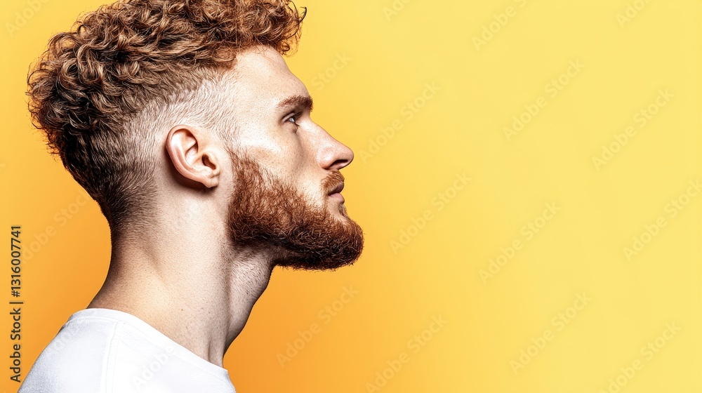 Man with Curly Hair Beard Yellow Background Profile T Shirt Mockup Man with Curly Hair Beard Yellow Background Profile T Shirt Mockup