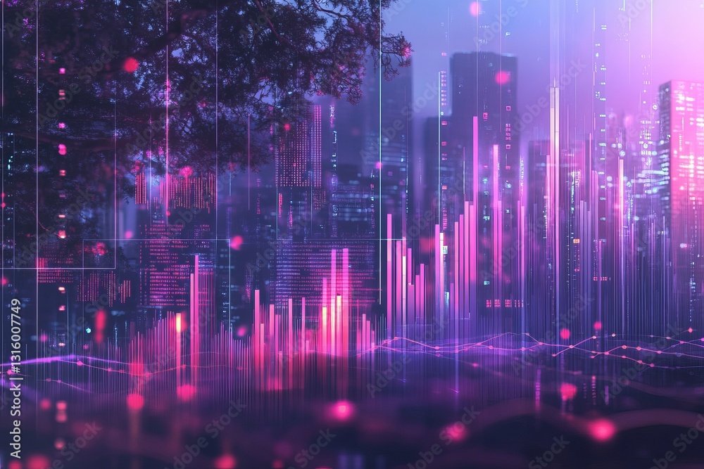 A cityscape with a tree in the foreground. The city is lit up in a purple and pink hue A cityscape with a tree in the foreground. The city is lit up in a purple and pink hue