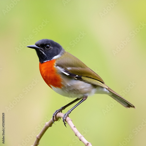 Cute colorful bird. Green nature background. White throated Robin. Irania gutturalis.
