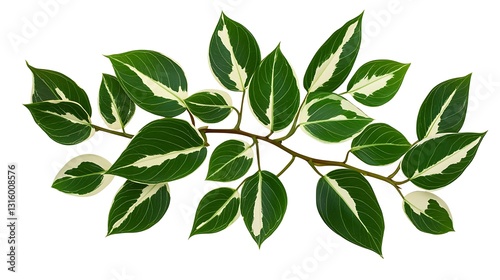 Variegated Leaves Branch: Close-up Botanical Photography AI Generated