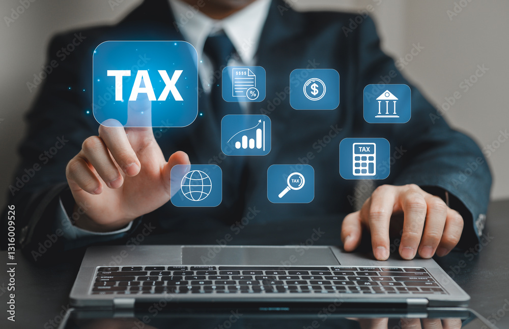 Naklejka premium Businessman Engaging with Digital Tax Icons on Laptop Screen