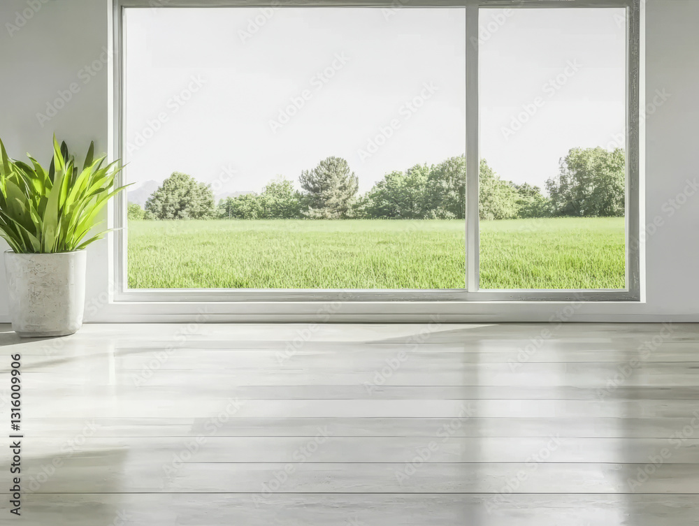 Fototapeta premium Bright and spacious interior showcasing green fields outside the large window