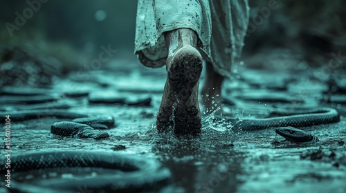 Jesus Christ, symbolized by a man in a white robe and sandals, is illustrated stepping on a snake, destroying its head and body, in a scene referencing the Book of Genesis from the Holy Bible and