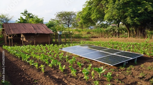 Solar-powered irrigation system in a vibrant agricultural field scene