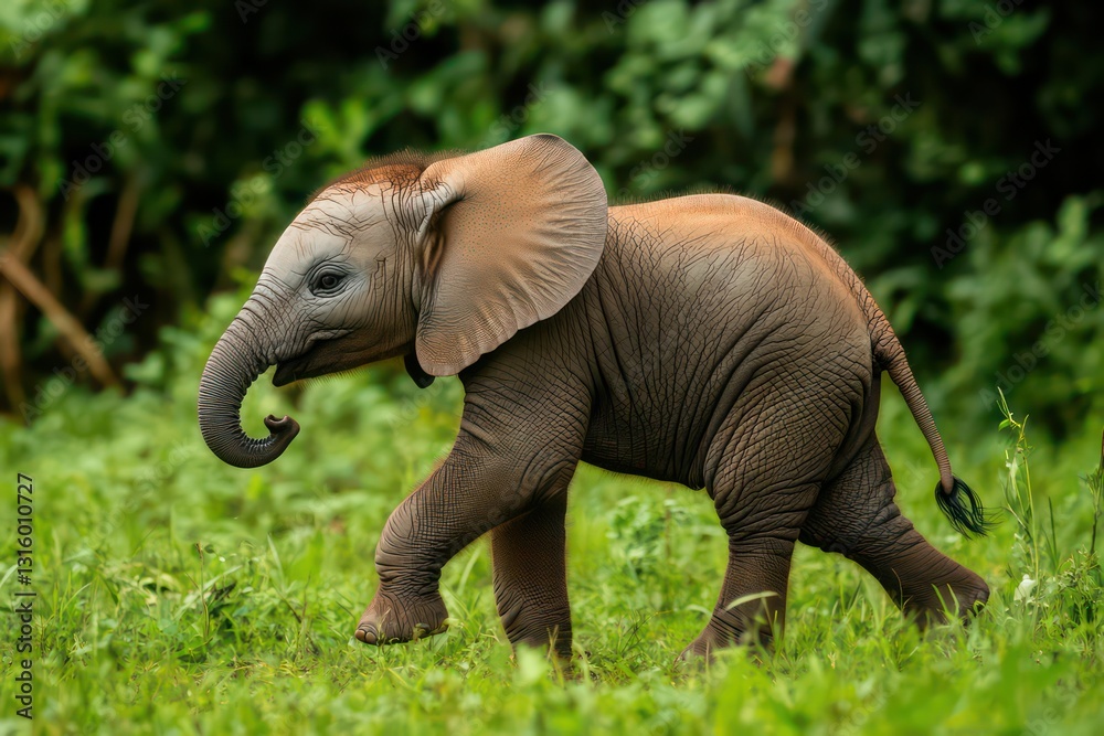 Fototapeta premium Side view of a baby elephant walking gracefully, cut out.