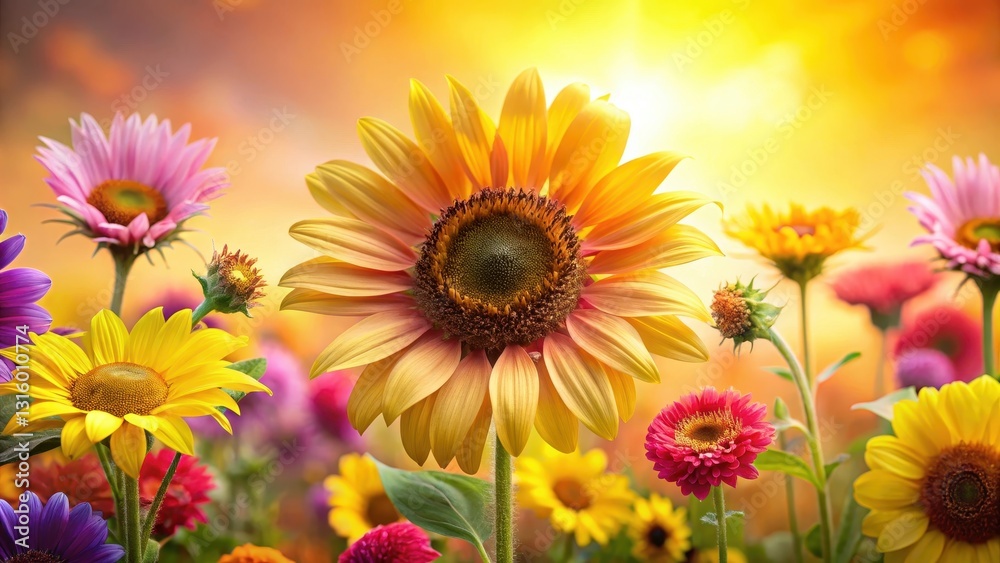 Obraz premium Vibrant Sunflower and Assorted Blooms in a Sunny Meadow, Exuding Joyful Summer Radiance and Natural Beauty