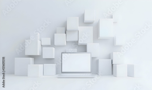 Minimalist Workspace with Laptop and Geometric White Blocks