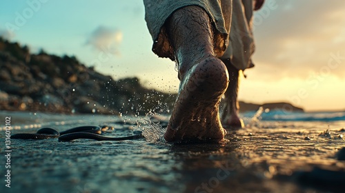 A white-robed and sandal-clad male, personifying Jesus Christ, is shown trampling a snake, crushing its head and body, in an image that references the Book of Genesis from the Holy Bible and God's