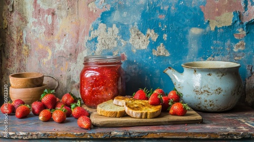 A wooden kitchen table holds a glass jar of sweet and healthy strawberry fruit jam, homemade organic marmalade, alongside a spoon and a whole grain bread, creating a setup for a nutritious vegan