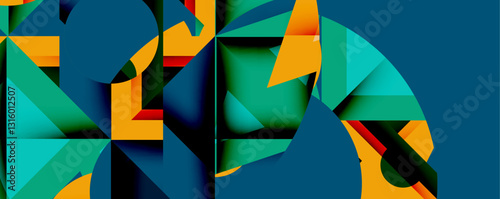 Abstract geometric artwork with interwoven angular and curved shapes, dynamic composition with smooth gradients and bold contrasts