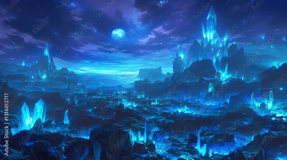 Fototapeta premium Ethereal Crystal City Under a Midnight Moon Fantasy Landscape