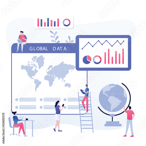 Global data analysis team works on world map, charts, graphs