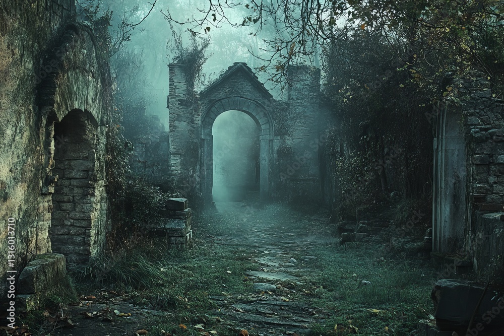 Fototapeta premium Explore the enchanting atmosphere of an abandoned historical landmark, shrouded in fog. The stone ruins create a mysterious pathway through the haunting wilderness.