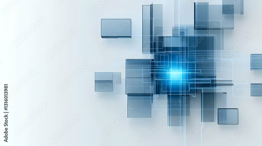 Fototapeta premium Abstract 3D Render of Interconnected Glass Squares and Rectangles With a Bright Blue Light in the Center Against a Soft White Backdrop