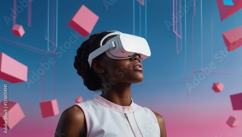 African girl with VR glasses standing at blue and pink background and looking at floating geometric shape