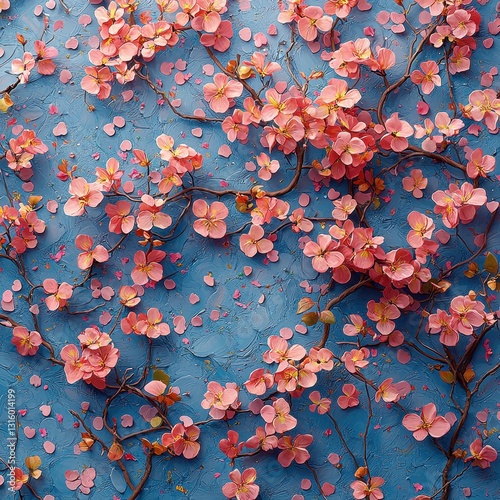 A vibrant blue wall serves as a striking backdrop, adorned with delicate pink flowers that cascade gracefully, creating a beautiful contrast and adding a touch of nature's charm.